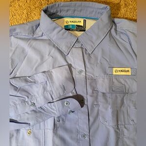Magellan Relaxed Fit Button Up Down Fish Gear Adult Mens Size Large Blue Shirt